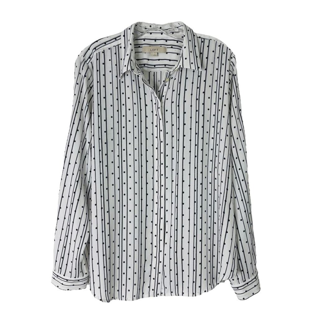 Loft black white striped polka dot chiffon preppy office button front top large
